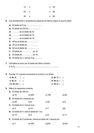 37
13   48
25   26
30   50
6. Lee atentamente y completa los espacios en blanco según lo que te pidan:
a) El doble de 9 es ………………......
b) El doble de 234 es ……………….
c) ……….. es el doble de 23
d) ……….. es el doble de 14
e) ……….. es el doble de 19
f) 48 es el doble de ……………..
g) 20 es el doble de …………….
h) 64 es el doble de ………………
i) El doble de ……………. es 12
j) El doble de ……………. es 18
k) El doble de 3, menos 4 es .………..
7. Completa la serie con el doble del último número:
2; 4; 8;..........;.............;..............;..................;........................
8. Escribe “si” cuando encuentres el número y su doble:
18  36 ( ) 25  75 ( )
14  24 ( ) 28  46 ( )
100  200 ( ) 31  62 ( )
9. Marca la respuesta correcta:
A. El doble de 350 es:
a) 70 b) 600 c) 700 d) 60
B. El doble de 3 decenas es:
a) 36 b) 6 c) 60 d) 9
C. El doble de 3, menos 4 es:
a) 6 b) 14 c) 7 d)2
D. El doble de 4, más el doble de 1 es:
a) 10 b) 9 c) 8 d) 11
E. El doble de 2 centenas, menos el doble de 1 decena es:
a) 1 b) 380 c)220 d)100
 