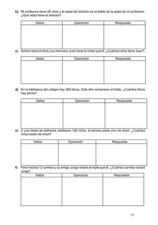 55
b) Mi profesora tiene 26 años y la edad del director es el doble de la edad de mi profesora.
¿Qué edad tiene el director?
Datos Operación Respuesta
c) Adriam tiene 8 años y su hermano Juan tiene la mitad que él. ¿Cuántos años tiene Juan?.
Datos Operación Respuesta
d) En la biblioteca del colegio hay 369 libros. Este año compraron el triple. ¿Cuántos libros
hay ahora?
Datos Operación Respuesta
e) A una fiesta de disfraces asistieron 120 niños, la tercera parte vino de short. ¿Cuántos
niños están de short?
Datos Operación Respuesta
f) Farid recibió 12 carritos y su amigo Jorge recibió el triple que él. ¿Cuántos carritos recibió
Jorge?
Datos Operación Respuesta
 