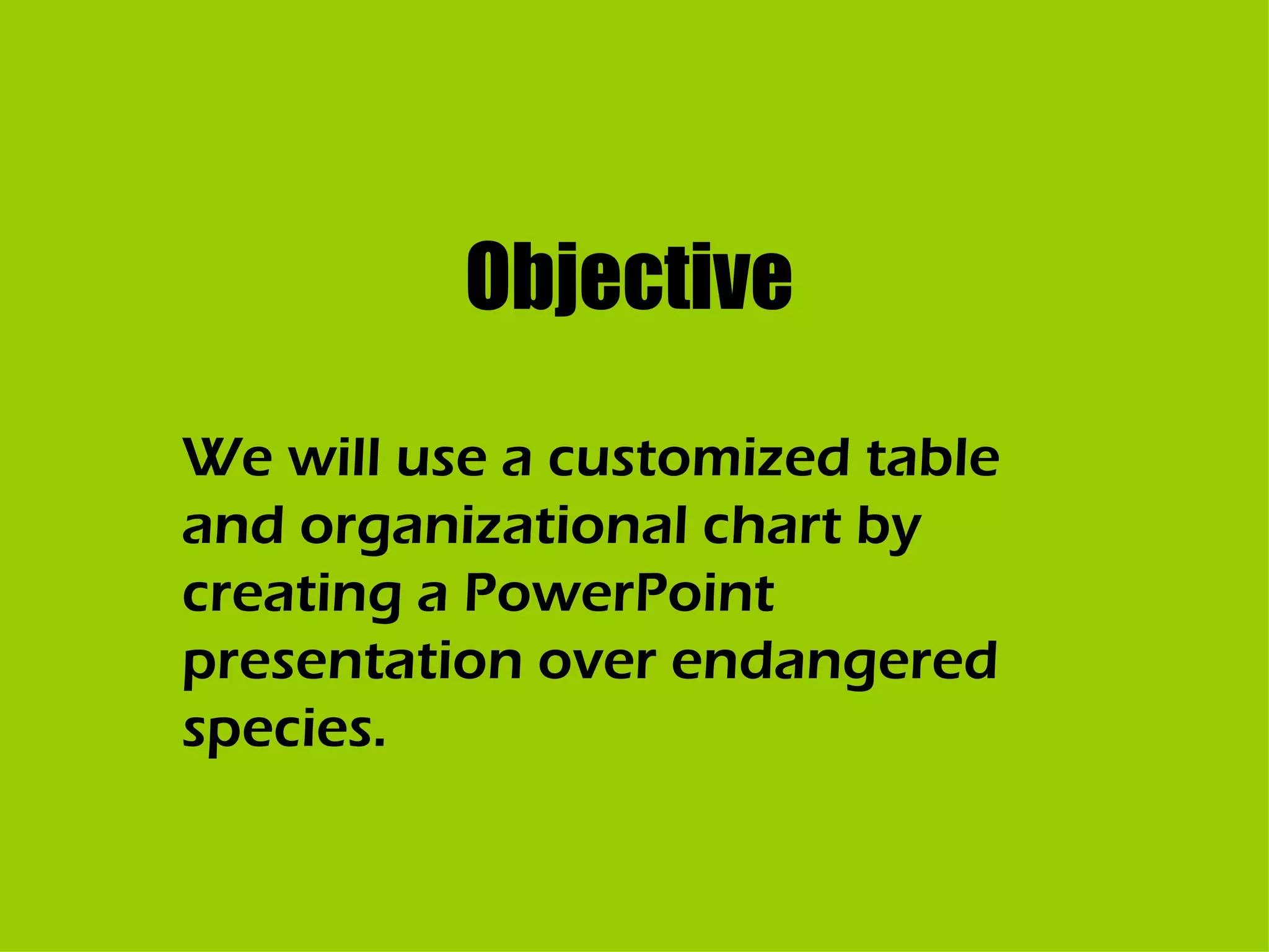 Objective We will use a customized table and organizational chart by creating a PowerPoint presentation over endangered species.  