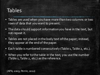 Tables
▪ Tables are used when you have more than two columns or two
rows of data that you want to present.
▪ The data should support information you have in the text, but
not repeat it.
▪ Tables are not placed in the body text of the paper; instead,
they appear at the end of the paper.
▪ Each table is numbered consecutively (Table 1,Table 2, etc.).
▪ When you refer to the table in the text, you use the number
(Table 1,Table 2, etc.) as the reference.
(APA, 2009; Perrin, 2012)
 