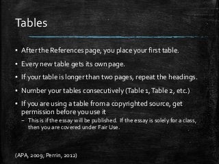 ▪ After the References page, you place your first table.
▪ Every new table gets its own page.
▪ If your table is longer than two pages, repeat the headings.
▪ Number your tables consecutively (Table 1,Table 2, etc.)
▪ If you are using a table from a copyrighted source, get
permission before you use it
– This is if the essay will be published. If the essay is solely for a class,
then you are covered under Fair Use.
(APA, 2009; Perrin, 2012)
Tables
 