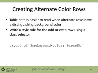 Creating Alternate Color Rows
• Table data is easier to read when alternate rows have
a distinguishing background color
• Write a style rule for the odd or even row using a
class selector
tr.odd td {background-color: #eaead5;}
40
 