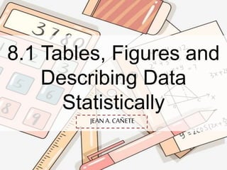 8.1 Tables, Figures and
Describing Data
Statistically
JEAN A. CAÑETE
 