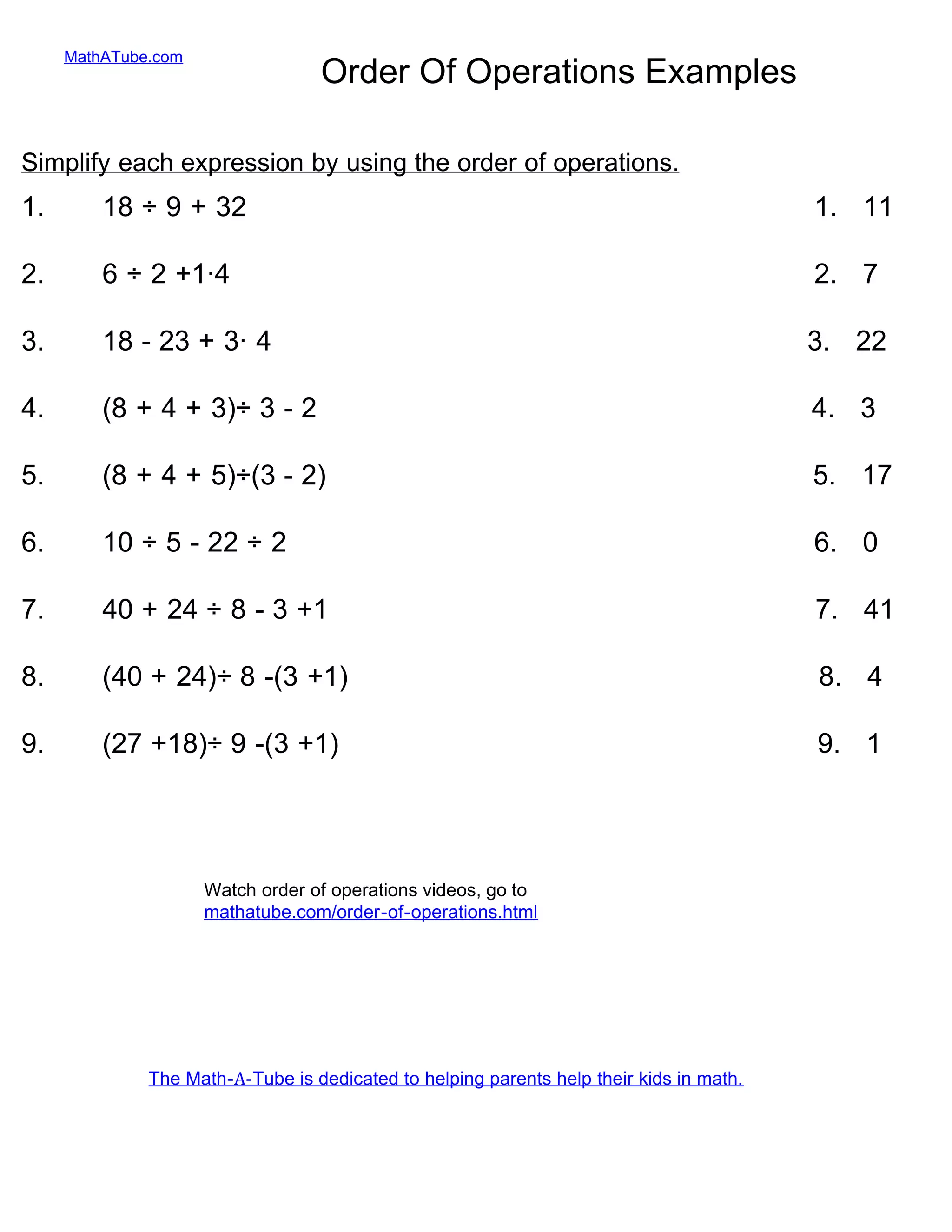 MathATube.com
Order Of Operations Examples
The Math-A-Tube is dedicated to helping parents help their kids in math.
1. 18 ÷ 9 + 32 1. 11
2. 6 ÷ 2 +1·4 2. 7
3. 18 - 23 + 3· 4 3. 22
4. (8 + 4 + 3)÷ 3 - 2 4. 3
5. (8 + 4 + 5)÷(3 - 2) 5. 17
6. 10 ÷ 5 - 22 ÷ 2 6. 0
7. 40 + 24 ÷ 8 - 3 +1 7. 41
8. (40 + 24)÷ 8 -(3 +1) 8. 4
9. (27 +18)÷ 9 -(3 +1) 9. 1
Simplify each expression by using the order of operations.
Watch order of operations videos, go to
mathatube.com/order-of-operations.html
 