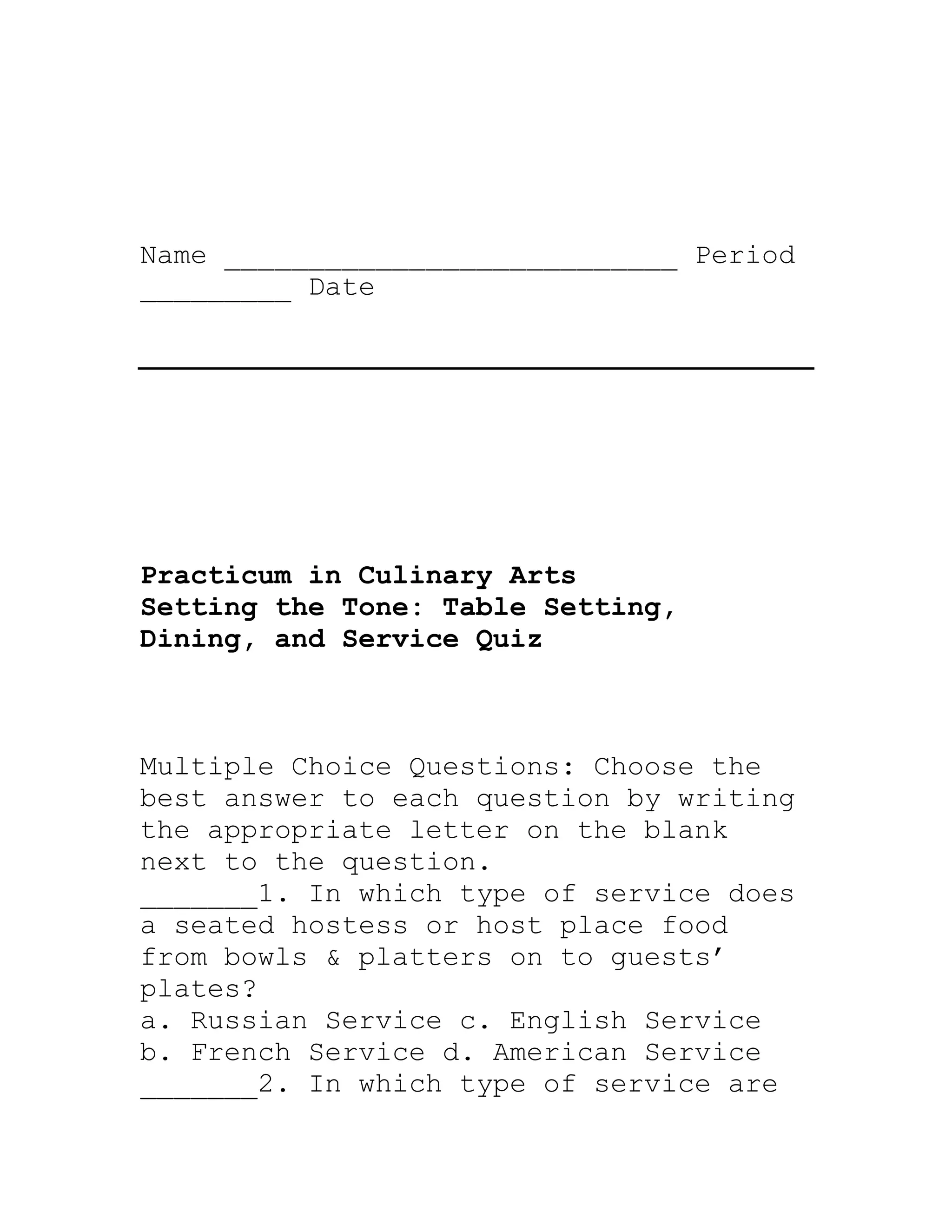 Table service quiz#1 | PDF