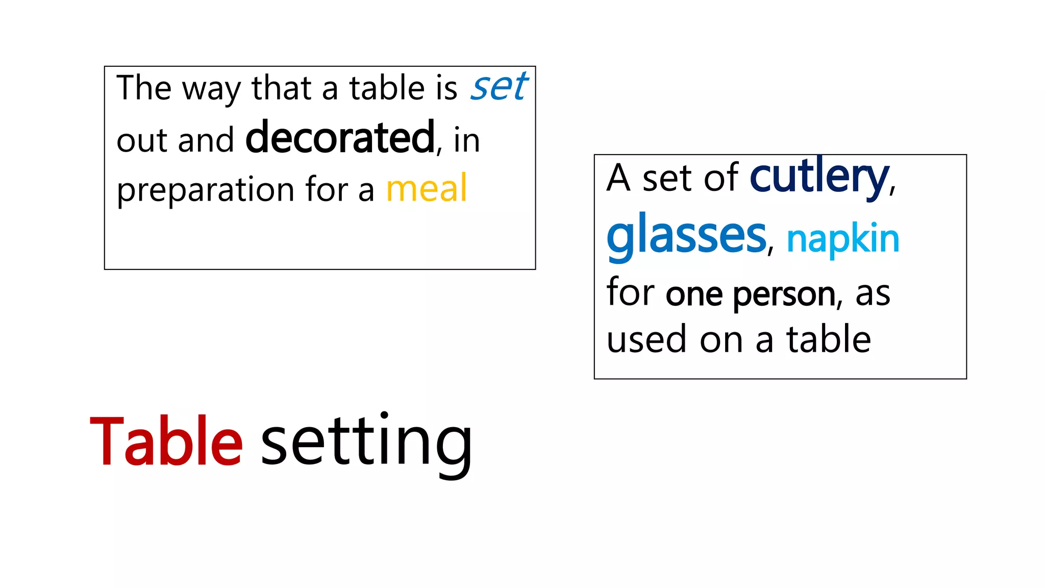 Table setting
A set of cutlery,
glasses, napkin
for one person, as
used on a table
The way that a table is set
out and decorated, in
preparation for a meal
 