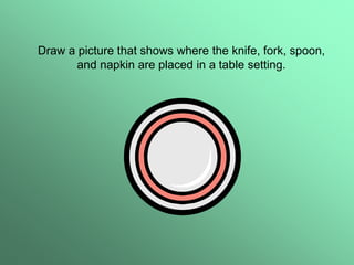 Draw a picture that shows where the knife, fork, spoon,
and napkin are placed in a table setting.
 