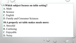 9.Which subject focuses on table setting?
A. Math
B. Science
C. English
D. Family and Consumer Sciences
10.A properly set table makes meals more:
A. Stressful
B. Confusing
C. Enjoyable
D. Noisy
 