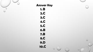 Answer Key
1. B
2.C
3.C
4.C
5.C
6.B
7.B
8.C
9.D
10.C
 