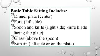 Basic Table Setting Includes:
Dinner plate (center)
Fork (left side)
Spoon and knife (right side; knife blade
facing the plate)
Glass (above the spoon)
Napkin (left side or on the plate)
 
