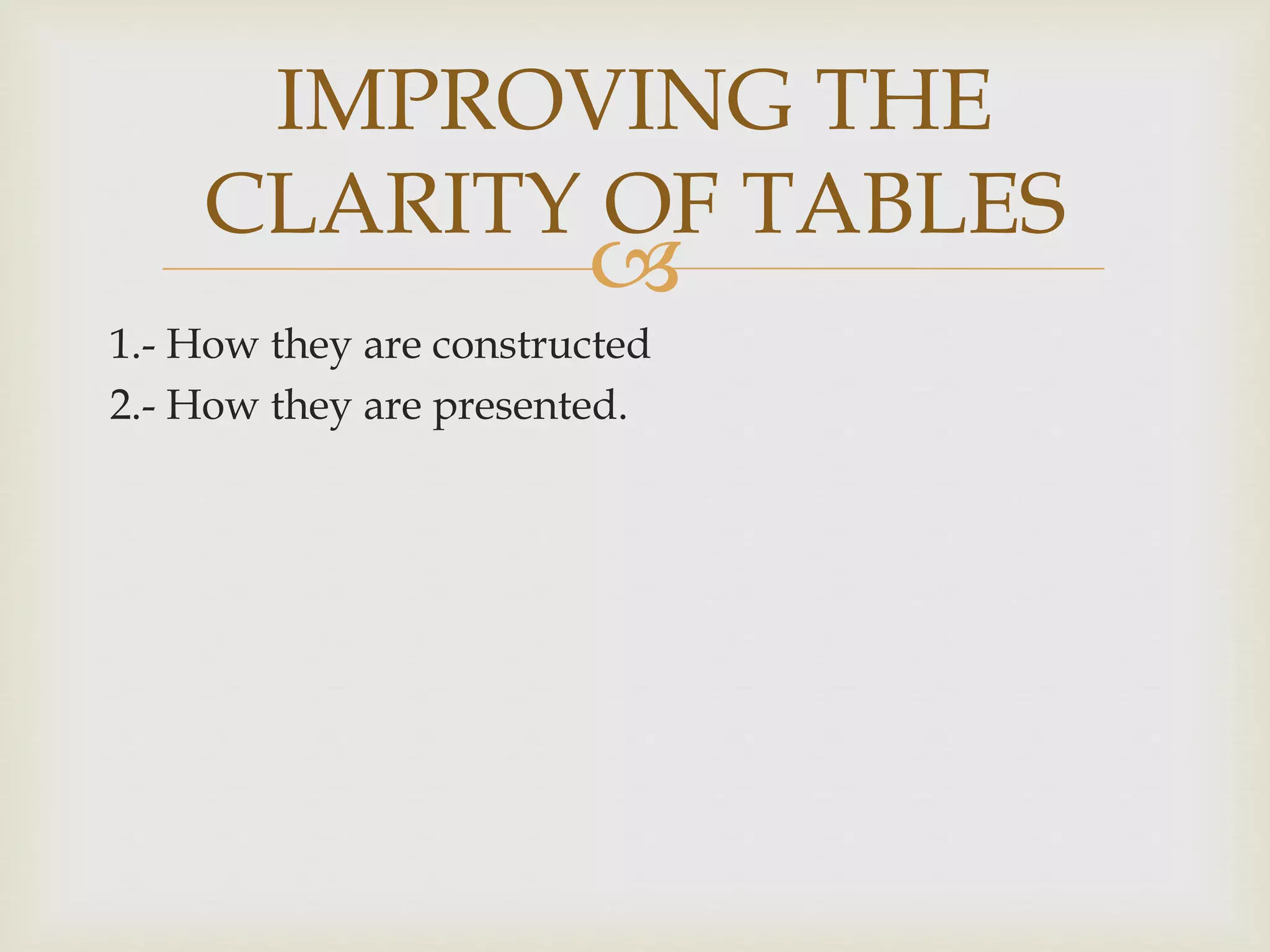 
IMPROVING THE
CLARITY OF TABLES
1.- How they are constructed
2.- How they are presented.
 