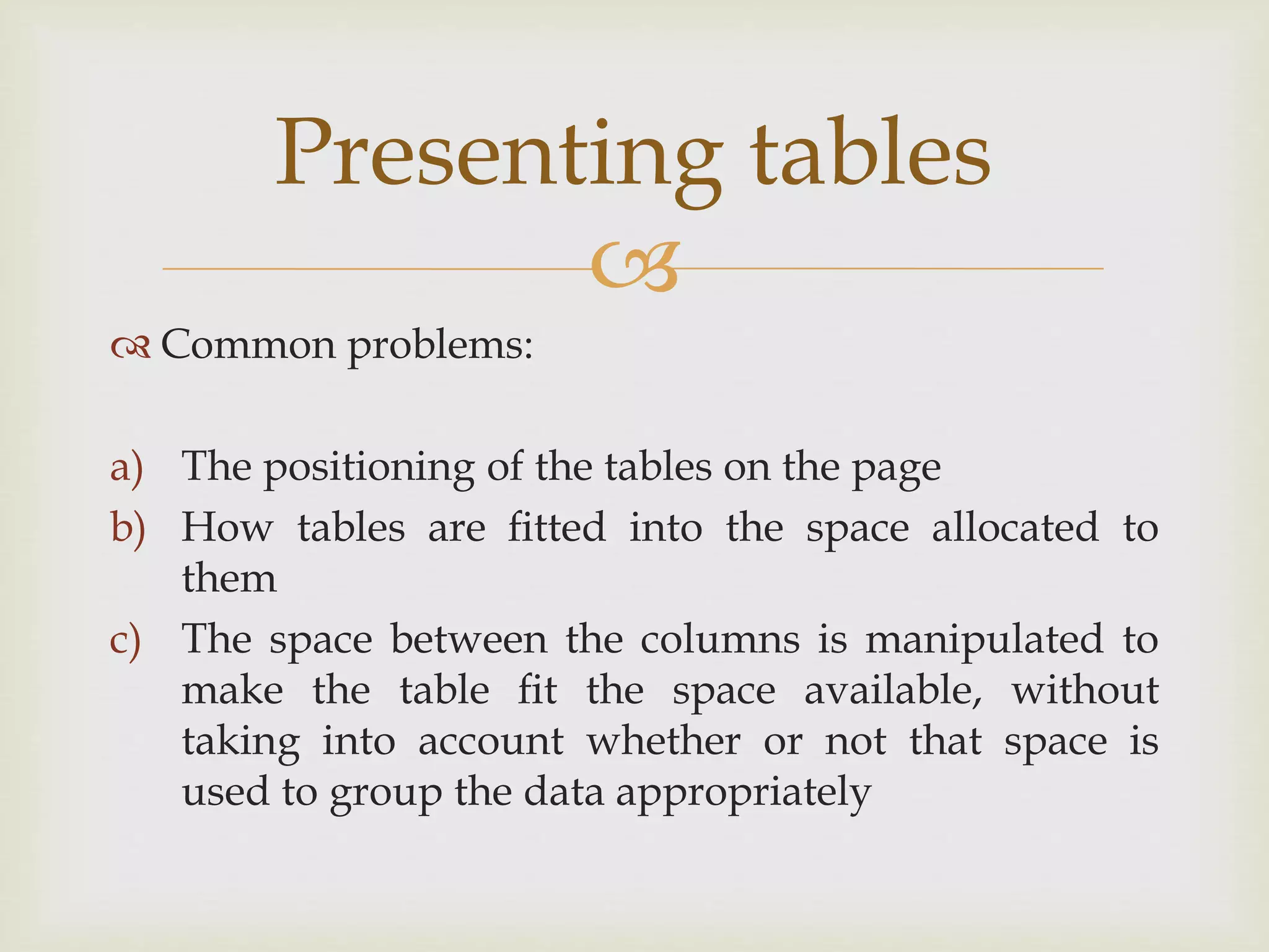 
Presenting tables
 Common problems:
a) The positioning of the tables on the page
b) How tables are ﬁtted into the space allocated to
them
c) The space between the columns is manipulated to
make the table ﬁt the space available, without
taking into account whether or not that space is
used to group the data appropriately
 