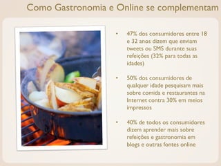 Como Gastronomia e Online se complementam

                   •   47% dos consumidores entre 18
                       e 32 anos dizem que enviam
                       tweets ou SMS durante suas
                       refeições (32% para todas as
                       idades)

                   •   50% dos consumidores de
                       qualquer idade pesquisam mais
                       sobre comida e restaurantes na
                       Internet contra 30% em meios
                       impressos

                   •   40% de todos os consumidores
                       dizem aprender mais sobre
                       refeições e gastronomia em
                       blogs e outras fontes online
 