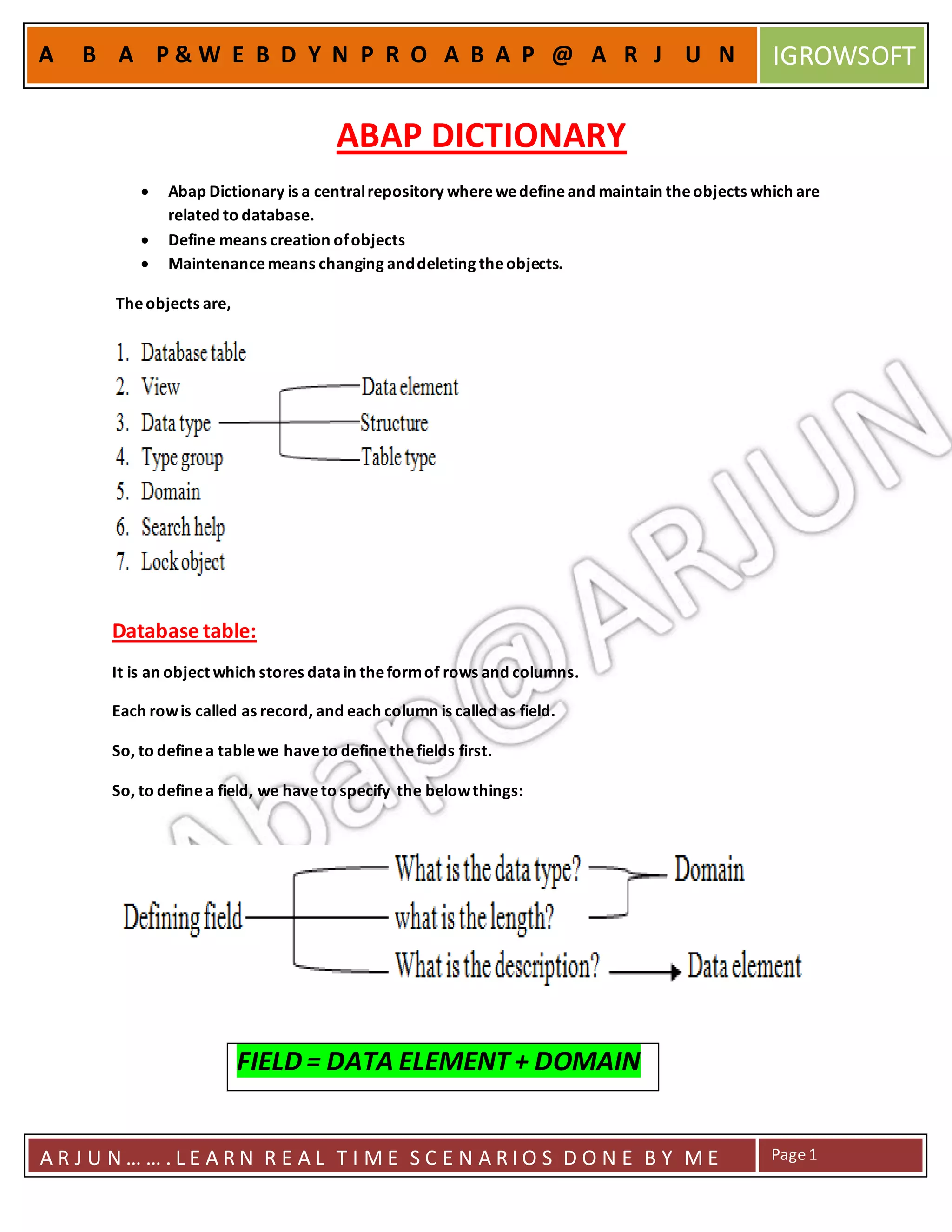 A R J U N … … . L E A R N R E A L T I M E S C E N A R I O S D O N E B Y M E Page1
A B A P & W E B D Y N P R O A B A P @ A R J U N IGROWSOFT
ABAP DICTIONARY
 Abap Dictionary is a centralrepository wherewedefineand maintain theobjects which are
related to database.
 Define means creation ofobjects
 Maintenancemeans changing anddeleting theobjects.
Theobjects are,
Database table:
It is an object which stores datain theformof rows and columns.
Each rowis called as record, and each column is called as field.
So, to definea tablewe haveto definethefields first.
So, to definea field, we haveto specify the belowthings:
FIELD = DATA ELEMENT + DOMAIN
 
