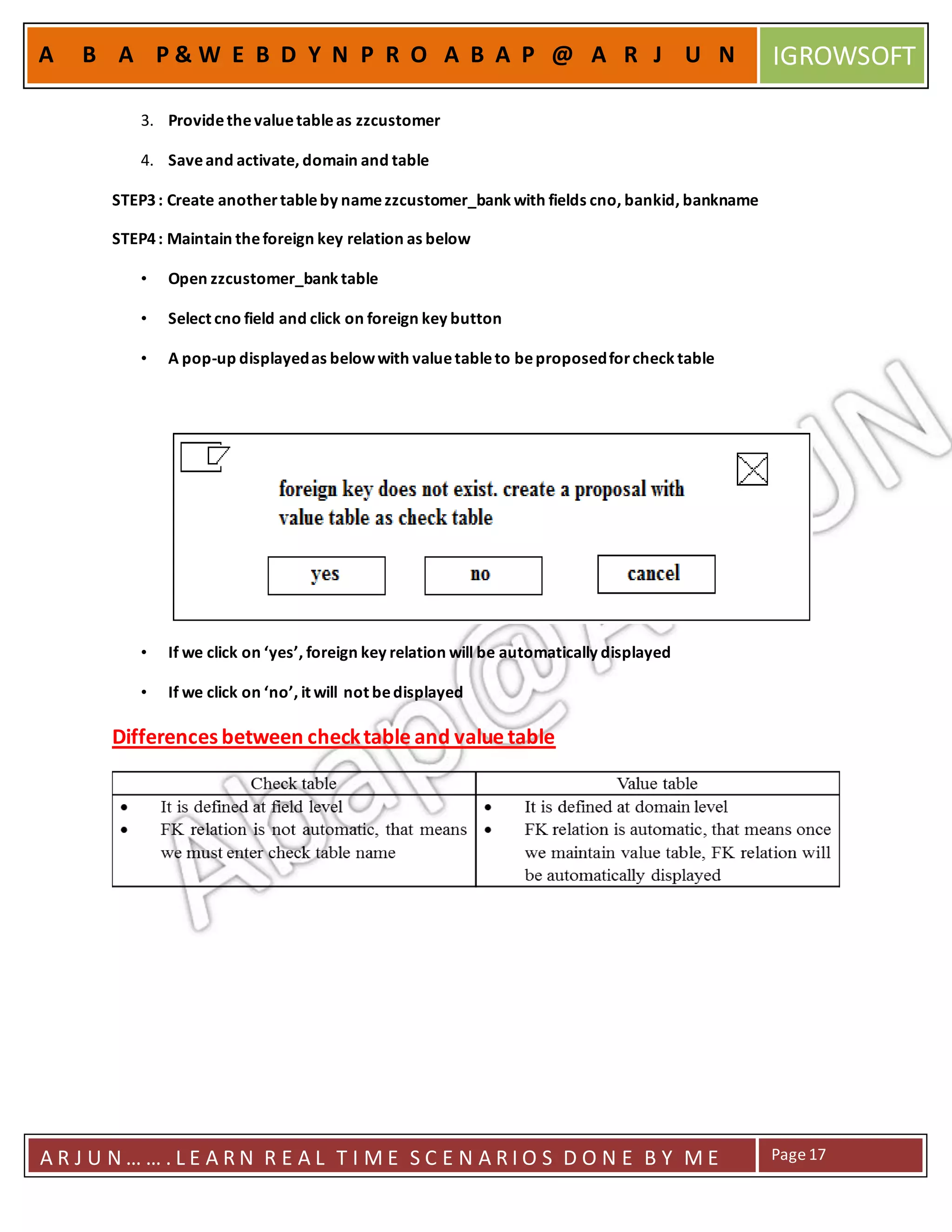 A R J U N … … . L E A R N R E A L T I M E S C E N A R I O S D O N E B Y M E Page17
A B A P & W E B D Y N P R O A B A P @ A R J U N IGROWSOFT
3. Providethevaluetableas zzcustomer
4. Saveand activate, domain and table
STEP3: Create anothertableby namezzcustomer_bank with fields cno, bankid, bankname
STEP4: Maintain theforeign key relation as below
• Open zzcustomer_bank table
• Select cno field and click on foreign key button
• A pop-up displayedas belowwith valuetableto beproposedforcheck table
• If we click on ‘yes’, foreign key relation will be automatically displayed
• If we click on ‘no’, it will not bedisplayed
Differences between checktable and value table
 