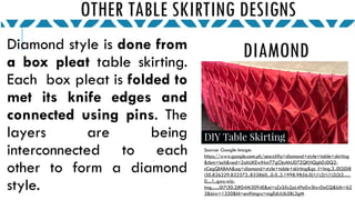 OTHER TABLE SKIRTING DESIGNS
Diamond style is done from
a box pleat table skirting.
Each box pleat is folded to
met its knife edges and
connected using pins. The
layers are being
interconnected to each
other to form a diamond
style.
Source: Google Image:
https://www.google.com.ph/search?q=diamond+style+table+skirting
&tbm=isch&ved=2ahUKEwiNxt77gOjnAhUD7ZQKHQghDJ0Q2-
cCegQIABAA&oq=diamond+style+table+skirting&gs_l=img.3..0l2j0i8
i30.826229.832372..833860...0.0..2.1998.9856.0j1j1j2j1j1j2j2j2......
0....1..gws-wiz-
img.......0i7i30.2jR04M3094E&ei=sZxSXs2pL4Pa0wSIwrDoCQ&bih=62
3&biw=1350&hl=en#imgrc=mgEdiJUb5BL3gM
DIAMOND
 