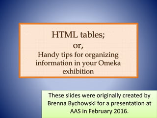 HTML tables;
or,
Handy tips for organizing
information in your Omeka
exhibition
These slides were originally created by
Brenna Bychowski for a presentation at
AAS in February 2016.
 