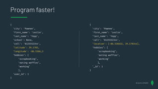 {
'city': 'Pawnee',
'first_name': 'Leslie',
'last_name': 'Yepp',
'school': None,
'cell': '8125552344',
'latitude': 39.1703,
'longitude': -86.5366,3
'hobbies’: [
'scrapbooking’,
'eating waffles’,
'working’
],
'user_id': 1
}
Program faster!
{
'city': 'Pawnee',
'first_name’: 'Leslie',
'last_name': 'Yepp',
'cell': '8125552344',
'location': [-86.536632, 39.170344],
'hobbies’: [
'scrapbooking’,
'eating waffles’,
'working’
],
'_id': 1
}
@Lauren_Schaefer
 