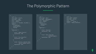 The Polymorphic Pattern
{
"_id": 1,
"first_name": "Leslie",
"last_name": "Yepp",
"cell": "8125552344",
"city": "Pawnee",
"location": [ -86.536632, 39.170344 ],
"hobbies": [
"scrapbooking",
"eating waffles",
"working”
],
"jobHistory": [
{
"title": "Deputy Director",
"yearStarted": 2004
},
{
"title": "City Councillor",
"yearStarted": 2012
},
{
"title": "Director, National Parks
Service, Midwest Branch",
"yearStarted": 2014
}
]
}
{
"_id": 1,
"first_name": "Ron",
"last_name": "Swandaughter",
"cell": ”8125559347",
"city": "Pawnee",
"hobbies": [
”woodworking",
”fishing"
],
"jobHistory": [
{
"title": "Director",
"yearStarted": 2002
},
{
"title": ”CEO, Kinda Good
Building Company",
"yearStarted": 2014
}
]
}
{
"_id": 3,
"first_name": "Lauren",
"last_name": "Burhug",
"city": "Pawnee",
"hobbies": [ "soccer" ],
"school": "Pawnee Elementary"
}
 