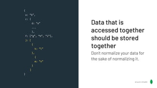 Data that is
accessed together
should be stored
together
Don’t normalize your data for
the sake of normalizing it.
{
a: “b”,
c: {
d: “e”
...
},
f: [“g”, “h”, “i”],
j: [
{
k: “l”
},
{
m: “n”
}
]
}
@Lauren_Schaefer
{
a: “b”,
c: {
d: “e”
...
},
f: [“g”, “h”, “i”],
j: [
{
k: “l”
},
{
m: “n”
}
]
}
{
a: “b”,
c: {
d: “e”
...
},
f: [“g”, “h”, “i”],
j: [
{
k: “l”
},
{
m: “n”
}
]
}
{
a: “b”,
c: {
d: “e”
...
},
f: [“g”, “h”, “i”],
j: [
{
k: “l”
},
{
m: “n”
}
]
}
 