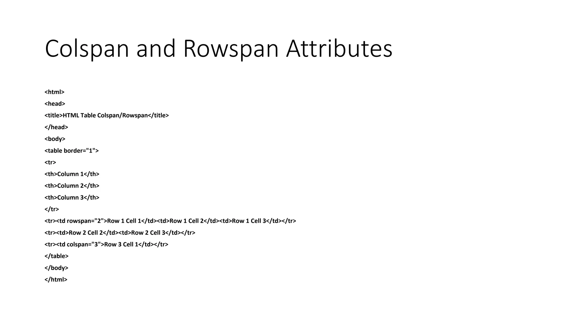 Colspan and Rowspan Attributes
<html>
<head>
<title>HTML Table Colspan/Rowspan</title>
</head>
<body>
<table border="1">
<tr>
<th>Column 1</th>
<th>Column 2</th>
<th>Column 3</th>
</tr>
<tr><td rowspan="2">Row 1 Cell 1</td><td>Row 1 Cell 2</td><td>Row 1 Cell 3</td></tr>
<tr><td>Row 2 Cell 2</td><td>Row 2 Cell 3</td></tr>
<tr><td colspan="3">Row 3 Cell 1</td></tr>
</table>
</body>
</html>
 