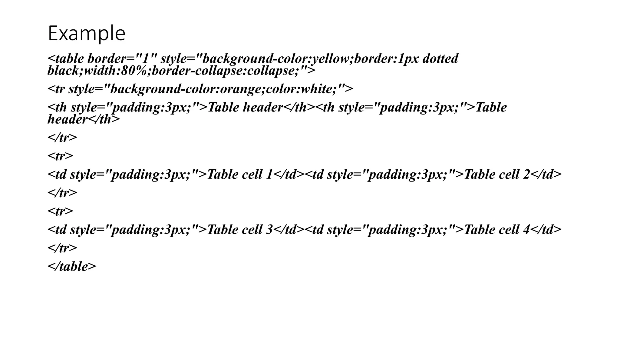 Example
<table border="1" style="background-color:yellow;border:1px dotted
black;width:80%;border-collapse:collapse;">
<tr style="background-color:orange;color:white;">
<th style="padding:3px;">Table header</th><th style="padding:3px;">Table
header</th>
</tr>
<tr>
<td style="padding:3px;">Table cell 1</td><td style="padding:3px;">Table cell 2</td>
</tr>
<tr>
<td style="padding:3px;">Table cell 3</td><td style="padding:3px;">Table cell 4</td>
</tr>
</table>
 