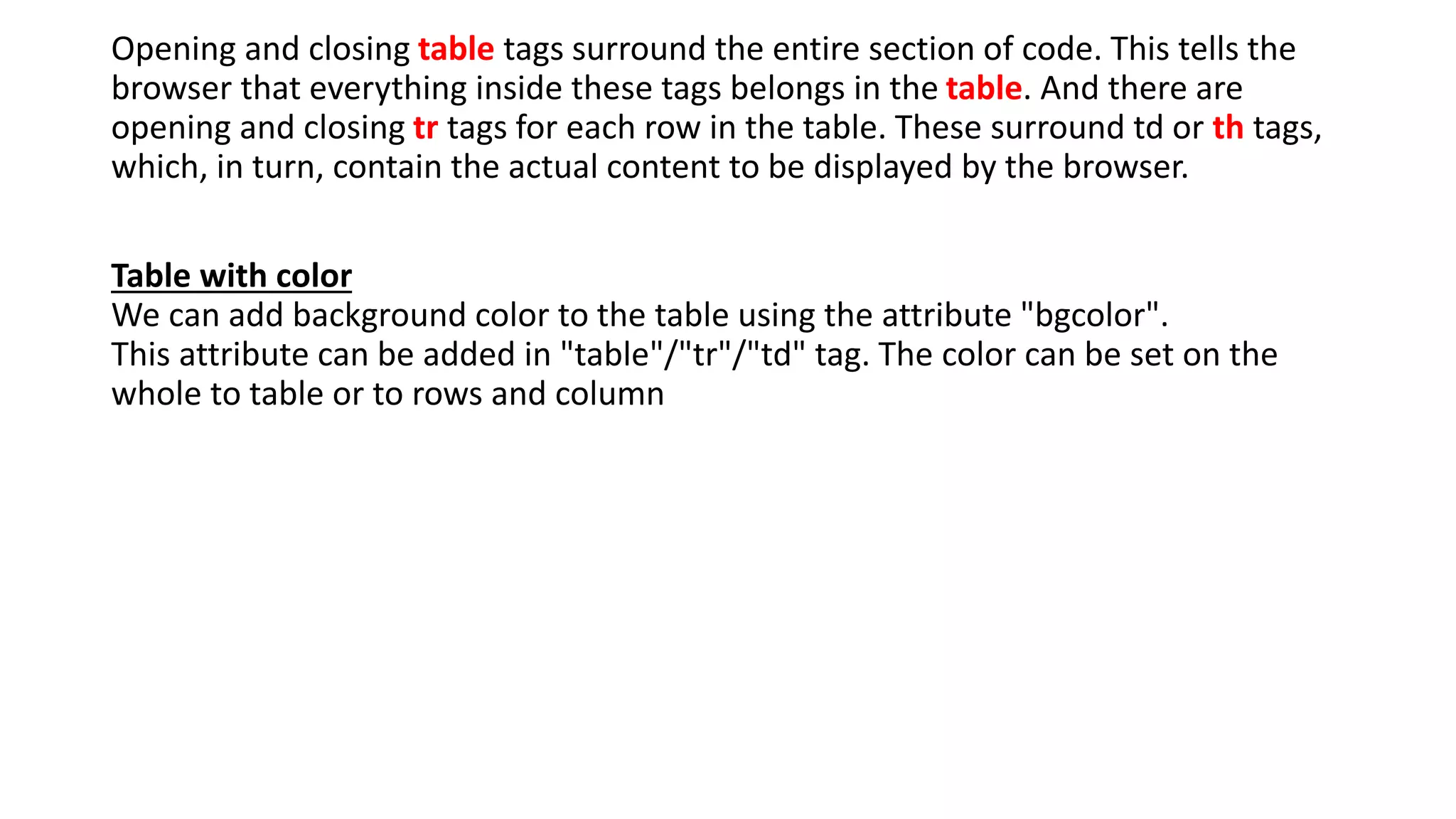 Opening and closing table tags surround the entire section of code. This tells the
browser that everything inside these tags belongs in the table. And there are
opening and closing tr tags for each row in the table. These surround td or th tags,
which, in turn, contain the actual content to be displayed by the browser.
Table with color
We can add background color to the table using the attribute "bgcolor".
This attribute can be added in "table"/"tr"/"td" tag. The color can be set on the
whole to table or to rows and column
 