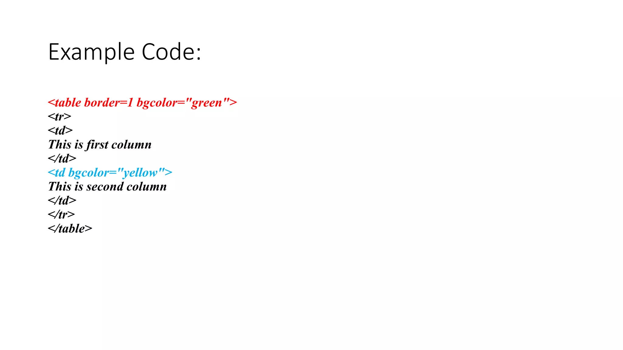 Example Code:
<table border=1 bgcolor="green">
<tr>
<td>
This is first column
</td>
<td bgcolor="yellow">
This is second column
</td>
</tr>
</table>
 