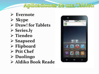  Evernote
 Skype
 Draw! for Tablets
 Series.ly
 Tiendeo
 Snapseed
 Flipboard
 Ptit Chef
 Duolingo
 Aldiko Book Reader
 