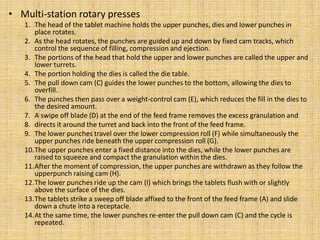 • Multi-station rotary presses
1. The head of the tablet machine holds the upper punches, dies and lower punches in
place rotates.
2. As the head rotates, the punches are guided up and down by fixed cam tracks, which
control the sequence of filling, compression and ejection.
3. The portions of the head that hold the upper and lower punches are called the upper and
lower turrets.
4. The portion holding the dies is called the die table.
5. The pull down cam (C) guides the lower punches to the bottom, allowing the dies to
overfill.
6. The punches then pass over a weight-control cam (E), which reduces the fill in the dies to
the desired amount.
7. A swipe off blade (D) at the end of the feed frame removes the excess granulation and
8. directs it around the turret and back into the front of the feed frame.
9. The lower punches travel over the lower compression roll (F) while simultaneously the
upper punches ride beneath the upper compression roll (G).
10.The upper punches enter a fixed distance into the dies, while the lower punches are
raised to squeeze and compact the granulation within the dies.
11.After the moment of compression, the upper punches are withdrawn as they follow the
upperpunch raising cam (H).
12.The lower punches ride up the cam (I) which brings the tablets flush with or slightly
above the surface of the dies.
13.The tablets strike a sweep off blade affixed to the front of the feed frame (A) and slide
down a chute into a receptacle.
14.At the same time, the lower punches re-enter the pull down cam (C) and the cycle is
repeated.
 