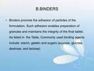 B.BINDERS
• Binders promote the adhesion of particles of the
formulation. Such adhesion enables preparation of
granules and maintains the integrity of the final tablet.
As listed in the Table, Commonly used binding agents
include: starch, gelatin and sugars (sucrose, glucose,
dextrose, and lactose).
 