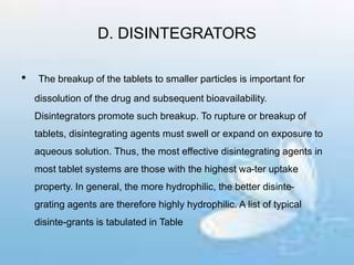 D. DISINTEGRATORS
• The breakup of the tablets to smaller particles is important for
dissolution of the drug and subsequent bioavailability.
Disintegrators promote such breakup. To rupture or breakup of
tablets, disintegrating agents must swell or expand on exposure to
aqueous solution. Thus, the most effective disintegrating agents in
most tablet systems are those with the highest wa-ter uptake
property. In general, the more hydrophilic, the better disinte-
grating agents are therefore highly hydrophilic. A list of typical
disinte-grants is tabulated in Table
 