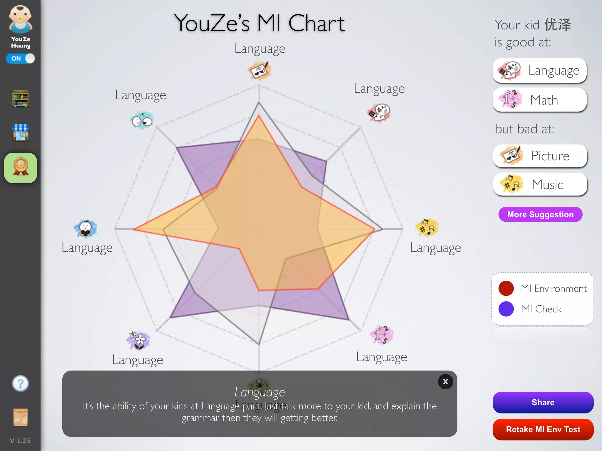 YouZe’s MI Chart                                                           Your kid 优泽
YouZe
Huang
                                                  Language                                                    is good at:

                                                                                                                     Language
                    Language                                                     Language
                                                                                                                     Math

                                                                                                              but bad at:
                                                                                                                      Picture

                                                                                                                      Music

                                                                                                                More Suggestion



         Language                                                                               Language

                                                                                                                   MI Environment
                                                                                                                   MI Check



                   Language                                                       Language
                                                                                                          X
                                                    Language
                                                    Language
            It’s the ability of your kids at Language part. Just talk more to your kid, and explain the               Share
                                     grammar then they will getting better.
                                                                                                                Retake MI Env Test
V 1.25
 
