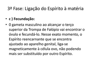 3ª Fase: Ligação do Espírito à matéria
• c ) Fecundação:
• 0 gameta masculino ao alcançar o terço
superior da Trompa de Falópio vai encontrar o
óvulo e fecundá-lo. Nesse exato momento, o
Espírito reencarnante que se encontra
ajustado ao aparelho genital, liga-se
magneticamente à célula ovo, não podendo
mais ser substituído por outro Espírito.
 