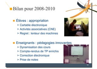 Bilan pour 2008-2010

    Élèves : appropriation
     >  Cartable électronique
     >  Activités associatives (CNE)
     ...