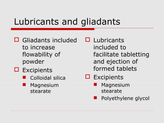 Lubricants and gliadants
 Gliadants included    Lubricants
  to increase            included to
  flowability of         facilitate tabletting
  powder                 and ejection of
 Excipients             formed tablets
   Colloidal silica    Excipients
   Magnesium              Magnesium
    stearate                stearate
                           Polyethylene glycol
 