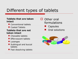 Different types of tablets
Tablets that are taken        Other oral
intact
  Conventional tablets
                               formulations
  Coated Tablets               Capsules
Tablets that are not            Oral solutions
taken intact
  Chewable tablets
  Effervescent tablets
  Lozenges
  Sublingual and buccal
   tablets
  Fast dissolving tablets
 
