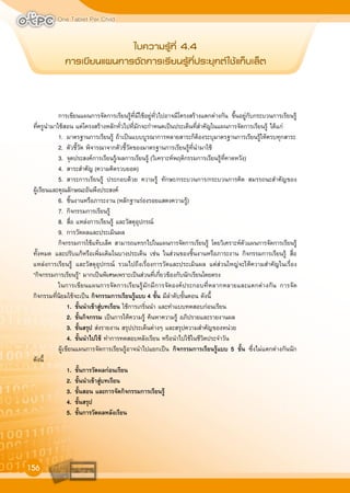 One Tablet Per Child
156
One Tablet Per ChildOne Tablet Per ChildOne Tablet Per ChildOne Tablet Per ChildOne Tablet Per Child
การเขียนแผนการจัดการเรียนรูที่มีใชอยูทั่วไปอาจมีโครงสรางแตกตางกัน ขึ้นอยูกับกระบวนการเรียนรู
ที่ครูนำมาใชสอน แตโครงสรางหลักทั่วไปที่มักจะกำหนดเปนประเด็นที่สำคัญในแผนการจัดการเรียนรู ไดแก
1. มาตรฐานการเรียนรู ถาเปนแบบบูรณาการหลายสาระก็ตองระบุมาตรฐานการเรียนรูใหครบทุกสาระ
2. ตัวชี้วัด พิจารณาจากตัวชี้วัดของมาตรฐานการเรียนรูที่นำมาใช
3. จุดประสงคการเรียนรู/ผลการเรียนรู (วิเคราะหพฤติกรรมการเรียนรูที่คาดหวัง)
4. สาระสำคัญ (ความคิดรวบยอด)
5. สาระการเรียนรู ประกอบดวย ความรู ทักษะ/กระบวนการ/กระบวนการคิด สมรรถนะสำคัญของ
ผูเรียนและคุณลักษณะอันพึงประสงค
6. ชิ้นงานหรือภาระงาน (หลักฐานรองรอยแสดงความรู)
7. กิจกรรมการเรียนรู
8. สื่อ แหลงการเรียนรู และวัสดุอุปกรณ
9. การวัดผลและประเมินผล
กิจกรรมการใชแท็บเล็ต สามารถแทรกไปในแผนการจัดการเรียนรู โดยวิเคราะหตัวแผนการจัดการเรียนรู
ทั้งหมด และปรับแกหรือเพิ่มเติมในบางประเด็น เชน ในสวนของชิ้นงานหรือภาระงาน กิจกรรมการเรียนรู สื่อ
แหลงการเรียนรู และวัสดุอุปกรณ รวมไปถึงเรื่องการวัดและประเมินผล แตสวนใหญจะใหความสำคัญในเรื่อง
“กิจกรรมการเรียนรู” มากเปนพิเศษเพราะเปนสวนที่เกี่ยวของกับนักเรียนโดยตรง
ในการเขียนแผนการจัดการเรียนรูมักมีการจัดองคประกอบที่หลากหลายและแตกตางกัน การจัด
กิจกรรมที่นิยมใชจะเปน กิจกรรมการเรียนรูแบบ 4 ขั้น มีลำดับขั้นตอน ดังนี้
1. ขั้นนำเขาสูบทเรียน ใชการเกริ่นนำ และทำแบบทดสอบกอนเรียน
2. ขั้นกิจกรรม เปนการใหความรู คนหาความรู อภิปรายและรายงานผล
3. ขั้นสรุป สงรายงาน สรุปประเด็นตางๆ และสรุปความสำคัญของหนวย
4. ขั้นนำไปใช ทำการทดสอบหลังเรียน หรือนำไปใชในชีวิตประจำวัน
ผูเขียนแผนการจัดการเรียนรูอาจนำไปแยกเปน กิจกรรมการเรียนรูแบบ 5 ขั้น ซึ่งไมแตกตางกันนัก
ดังนี้
1. ขั้นการวัดผลกอนเรียน
2. ขั้นนำเขาสูบทเรียน
3. ขั้นสอน และการจัดกิจกรรมการเรียนรู
4. ขั้นสรุป
5. ขั้นการวัดผลหลังเรียน
„∫§«“¡√Ÿâ∑’Ë 4.4
°“√‡¢’¬π·ºπ°“√®—¥°“√‡√’¬π√Ÿâ∑’Ëª√–¬ÿ°µå„™â·∑Á∫‡≈Áµ
 