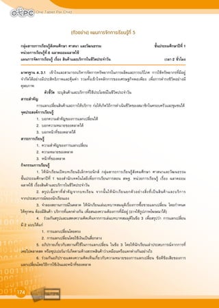 One Tablet Per Child
174
(ตัวอยาง) แผนการจัดการเรียนรูที่ 5
กลุมสาระการเรียนรูสังคมศึกษา ศาสนา และวัฒนธรรม ชั้นประถมศึกษาปที่ 1
หนวยการเรียนรูที่ 6 ฉลาดออมฉลาดใช
แผนการจัดการเรียนรู เรื่อง สินคาและบริการในชีวิตประจำวัน เวลา 2 ชั่วโมง
มาตรฐาน ส. 3.1 เขาใจและสามารถบริหารจัดการทรัพยากรในการผลิตและการบริโภค การใชทรัพยากรที่มีอยู
จำกัดไดอยางมีประสิทธิภาพและคุมคา รวมทั้งเขาใจหลักการของเศรษฐกิจพอเพียง เพื่อการดำรงชิวิตอยางมี
ดุลยภาพ
ตัวชี้วัด ระบุสินคาและบริการที่ใชประโยชนในชีวิตประจำวัน
สาระสำคัญ
การแลกเปลี่ยนสินคาและการใหบริการ กอใหเกิดวิถีการดำเนินชีวิตของสมาชิกในครอบครัวและชุมชนได
จุดประสงคการเรียนรู
1. บอกความสำคัญของการแลกเปลี่ยนได
2. บอกความหมายของตลาดได
3. บอกหนาที่ของตลาดได
สาระการเรียนรู
1. ความสำคัญของการแลกเปลี่ยน
2. ความหมายของตลาด
3. หนาที่ของตลาด
กิจกรรมการเรียนรู
1. ใหนักเรียนเปดบทเรียนอิเล็กทรอนิกส กลุมสาระการเรียนรูสังคมศึกษา ศาสนาและวัฒนธรรม
ชั้นประถมศึกษาปที่ 1 ของสำนักเทคโนโลยีเพื่อการเรียนการสอน สพฐ. หนวยการเรียนรู เรื่อง ฉลาดออม
ฉลาดใช เรื่องสินคาและบริการในชีวิตประจำวัน
2. สรุปเนื้อหาที่สำคัญจากบทเรียน จากนั้นใหนักเรียนยกตัวอยางสิ่งที่เปนสินคาและบริการ
จากประสบการณของนักเรียนเอง
3. จำลองสถานการณในตลาด ใหนักเรียนเลนบทบาทสมมุติเรื่องการซื้อขายแลกเปลี่ยน โดยกำหนด
ใหทุกคน ตองมีสินคา บริการที่แตกตางกัน เพื่อสนองความตองการที่มีอยู (อาจใชรูปภาพโฆษณาได)
4. รวมกันสรุปและแสดงความคิดเห็นจากการเลนบทบาทสมมุติในขอ 3 เพื่อสรุปวา การแลกเปลี่ยน
มี 2 แบบไดแก
1. การแลกเปลี่ยนโดยตรง
2. การแลกเปลี่ยนโดยใชเงินเปนสื่อกลาง
5. อภิปรายเกี่ยวกับสถานที่ใชในการแลกเปลี่ยน ในขอ 3 โดยใหนักเรียนเลาประสบการณจากการที่
เคยไปตลาดสด หรือซุปเปอรมารเก็ตตามหางสรรพสินคาวาเหมือนหรือแตกตางกันอยางไร
6. รวมกันอภิปรายแสดงความคิดเห็นเกี่ยวกับความหมายของการแลกเปลี่ยน ขอดีขอเสียของการ
แลกเปลี่ยนโดยวิธีการใชเงินและหนาที่ของตลาด
 