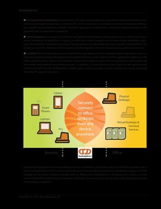 DesktopDirect	


   n Full Application Availability DesktopDirect leverages existing desktop, application and security infrastructure.
   Unlike server-based computing, a traditional PC work environment is provided to nearly all employees. Without
   any need for new hardware or software, licenses or application environments, employees enterprise-wide can be
   provided with full application availability.

   n Time  Expense As compared to the time and expense of developing native applications or deploying server-
   based computing, DesktopDirect is highly cost-effective. Unlike managed services that charge indefinitely, right-
   sized DesktopDirect hardware and software license packs are an affordable one-time purchase. DesktopDirect can
   be set up in as little a few hours and is capable of achieving ROI in the time it takes to set up alternate solutions.

   n Usability While DesktopDirect cannot provide the user experience of a dedicated native application, it goes a
   long way towards creating a PC experience for tablets that retains the usability of office applications. Wake-on-LAN
   (WoL) capability allows laptops and desktops to be powered down at night, over the weekend or anytime they are
   not needed and powered up remotely by users. In addition, a comprehensive suite of touch screen gestures and
   controls are built into the DesktopDirect mobile app in order to provide intuitive control over mouse, keyboard
   and other PC-specific functions.




                               Tablets
                                                                                             Physical
                                                                                             Desktops
                                                      Securely
                    Smart                              connect
                   Phones
                                                       to office
                  Laptops                             desktops
                                                                                            Virtual Desktops 
                                                      from any                                        Terminal
                                    PCs                 device,                                       Services
                                                     anywhere.



                       Remote                                                          Office


   Deploying DesktopDirect to enable tablet access for employees, enterprises get a cost-effective solution that is
   fully secure and fully under IT control and at the same time provides full application availability, supports a BYOD
   strategy and is simple to deploy, manage and use. What’s more DesktopDirect simultaneously creates a remote
   access solution for productivity and business continuity, allowing users to log into their office desktops from any
   remote device, anywhere.




Copyright © 2011, Array Networks, Inc.		
 