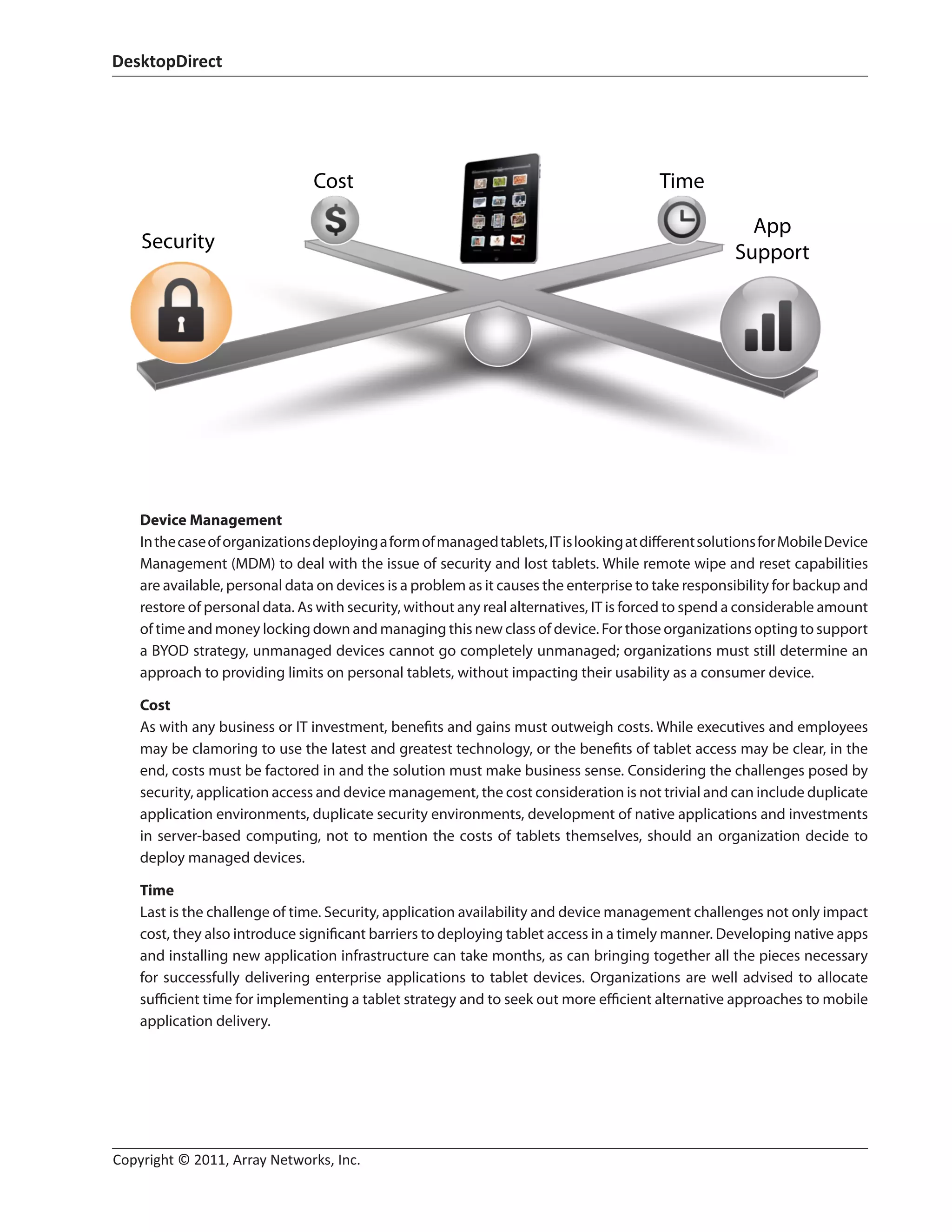 DesktopDirect	
Copyright © 2011, Array Networks, Inc.		
Device Management
Inthecaseoforganizationsdeployingaformofmanagedtablets,ITislookingatdifferentsolutionsforMobileDevice
Management (MDM) to deal with the issue of security and lost tablets. While remote wipe and reset capabilities
are available, personal data on devices is a problem as it causes the enterprise to take responsibility for backup and
restore of personal data. As with security, without any real alternatives, IT is forced to spend a considerable amount
of time and money locking down and managing this new class of device. For those organizations opting to support
a BYOD strategy, unmanaged devices cannot go completely unmanaged; organizations must still determine an
approach to providing limits on personal tablets, without impacting their usability as a consumer device.
Cost
As with any business or IT investment, benefits and gains must outweigh costs. While executives and employees
may be clamoring to use the latest and greatest technology, or the benefits of tablet access may be clear, in the
end, costs must be factored in and the solution must make business sense. Considering the challenges posed by
security, application access and device management, the cost consideration is not trivial and can include duplicate
application environments, duplicate security environments, development of native applications and investments
in server-based computing, not to mention the costs of tablets themselves, should an organization decide to
deploy managed devices.
Time
Last is the challenge of time. Security, application availability and device management challenges not only impact
cost, they also introduce significant barriers to deploying tablet access in a timely manner. Developing native apps
and installing new application infrastructure can take months, as can bringing together all the pieces necessary
for successfully delivering enterprise applications to tablet devices. Organizations are well advised to allocate
sufficient time for implementing a tablet strategy and to seek out more efficient alternative approaches to mobile
application delivery.
Security
Cost Time
App
Support
 