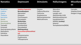 Narcotics Depressant Stimulants Hallucinogens Miscellane
us
Morphine
Codeine
Opium
Thebaine
Narcotine
Heroin
Demarone
Deso...