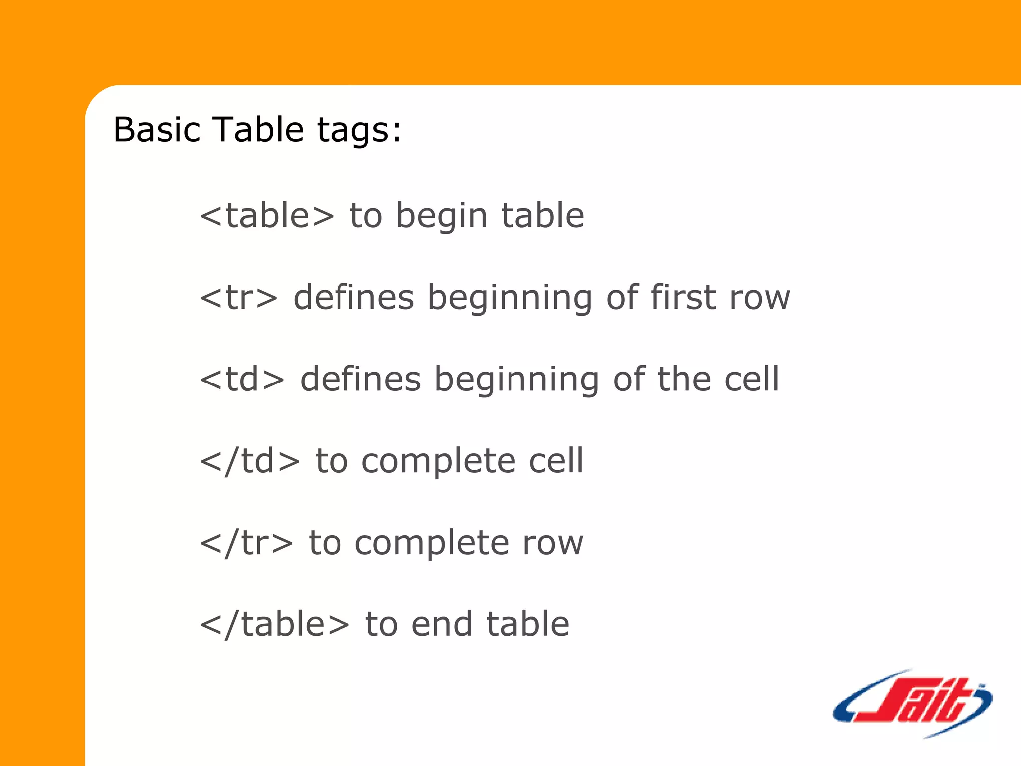 <table> to begin table
<tr> defines beginning of first row
<td> defines beginning of the cell
</td> to complete cell
</tr> to complete row
</table> to end table
Basic Table tags:
 