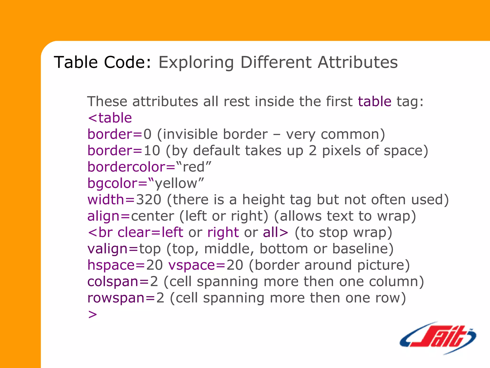 These attributes all rest inside the first table tag:
<table
border=0 (invisible border – very common)
border=10 (by default takes up 2 pixels of space)
bordercolor=“red”
bgcolor=“yellow”
width=320 (there is a height tag but not often used)
align=center (left or right) (allows text to wrap)
<br clear=left or right or all> (to stop wrap)
valign=top (top, middle, bottom or baseline)
hspace=20 vspace=20 (border around picture)
colspan=2 (cell spanning more then one column)
rowspan=2 (cell spanning more then one row)
>
Table Code: Exploring Different Attributes
 