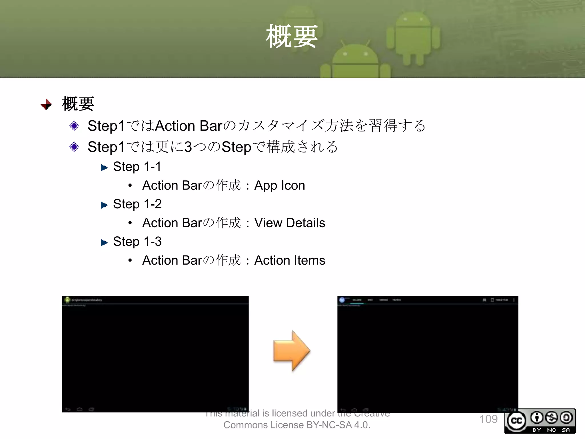 概要
概要
Step1ではAction Barのカスタマイズ方法を習得する
Step1では更に3つのStepで構成される
Step 1-1
• Action Barの作成：App Icon
Step 1-2
• Action Barの作成：View Details
Step 1-3
• Action Barの作成：Action Items

This material is licensed under the Creative
Commons License BY-NC-SA 4.0.

109

 
