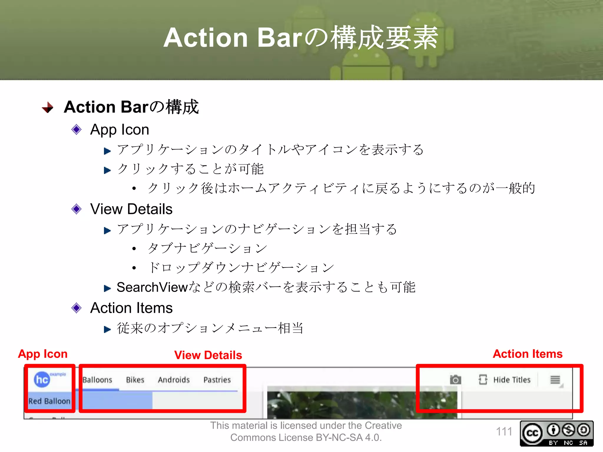 Action Barの構成要素
Action Barの構成
App Icon
アプリケーションのタイトルやアイコンを表示する
クリックすることが可能
• クリック後はホームアクティビティに戻るようにするのが一般的

View Details
アプリケーションのナビゲーションを担当する
• タブナビゲーション
• ドロップダウンナビゲーション
SearchViewなどの検索バーを表示することも可能

Action Items
従来のオプションメニュー相当
App Icon

View Details

This material is licensed under the Creative
Commons License BY-NC-SA 4.0.

Action Items

111

 