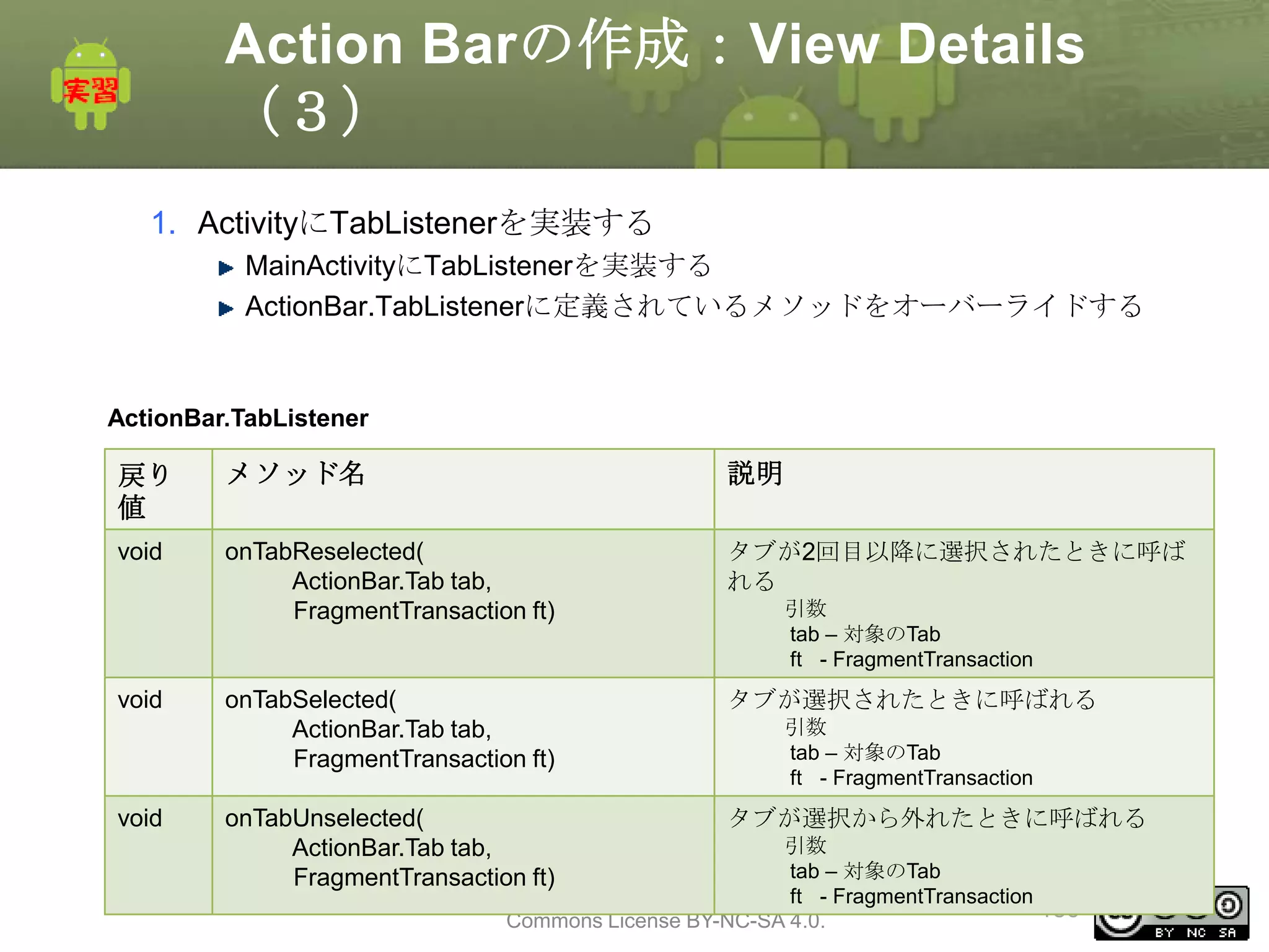 Action Barの作成：View Details
（３）
1. ActivityにTabListenerを実装する
MainActivityにTabListenerを実装する
ActionBar.TabListenerに定義されているメソッドをオーバーライドする

ActionBar.TabListener

戻り
値

メソッド名

説明

void

onTabReselected(
ActionBar.Tab tab,
FragmentTransaction ft)

タブが2回目以降に選択されたときに呼ば
れる

onTabSelected(
ActionBar.Tab tab,
FragmentTransaction ft)

タブが選択されたときに呼ばれる

onTabUnselected(
ActionBar.Tab tab,
FragmentTransaction ft)

タブが選択から外れたときに呼ばれる

void

void

引数
tab – 対象のTab
ft - FragmentTransaction
引数
tab – 対象のTab
ft - FragmentTransaction

引数
tab – 対象のTab
This material is licensed under the Creative
ft - FragmentTransaction
130
Commons License BY-NC-SA 4.0.

 