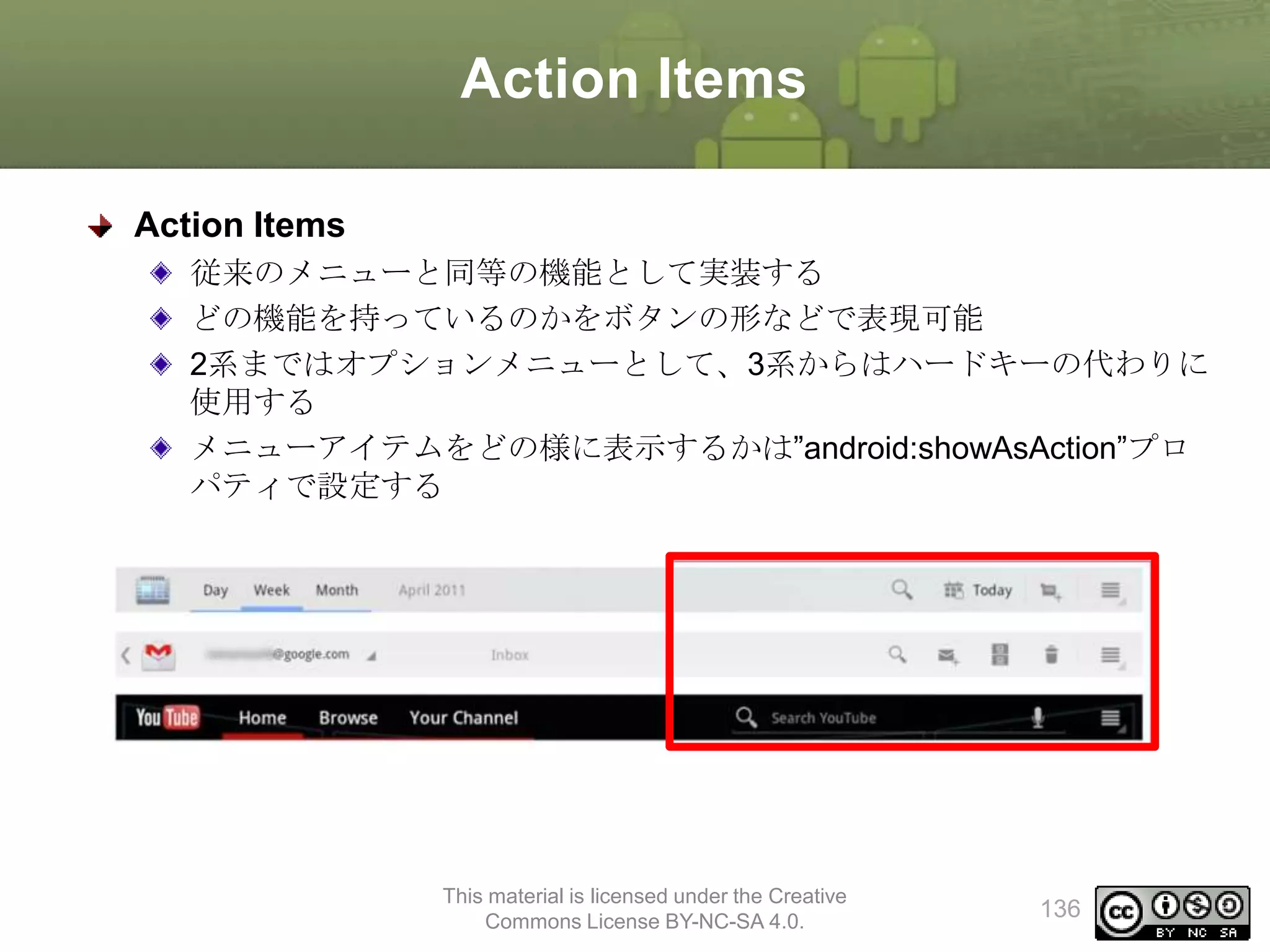 Action Items
Action Items
従来のメニューと同等の機能として実装する
どの機能を持っているのかをボタンの形などで表現可能
2系まではオプションメニューとして、3系からはハードキーの代わりに
使用する
メニューアイテムをどの様に表示するかは”android:showAsAction”プロ
パティで設定する

This material is licensed under the Creative
Commons License BY-NC-SA 4.0.

136

 
