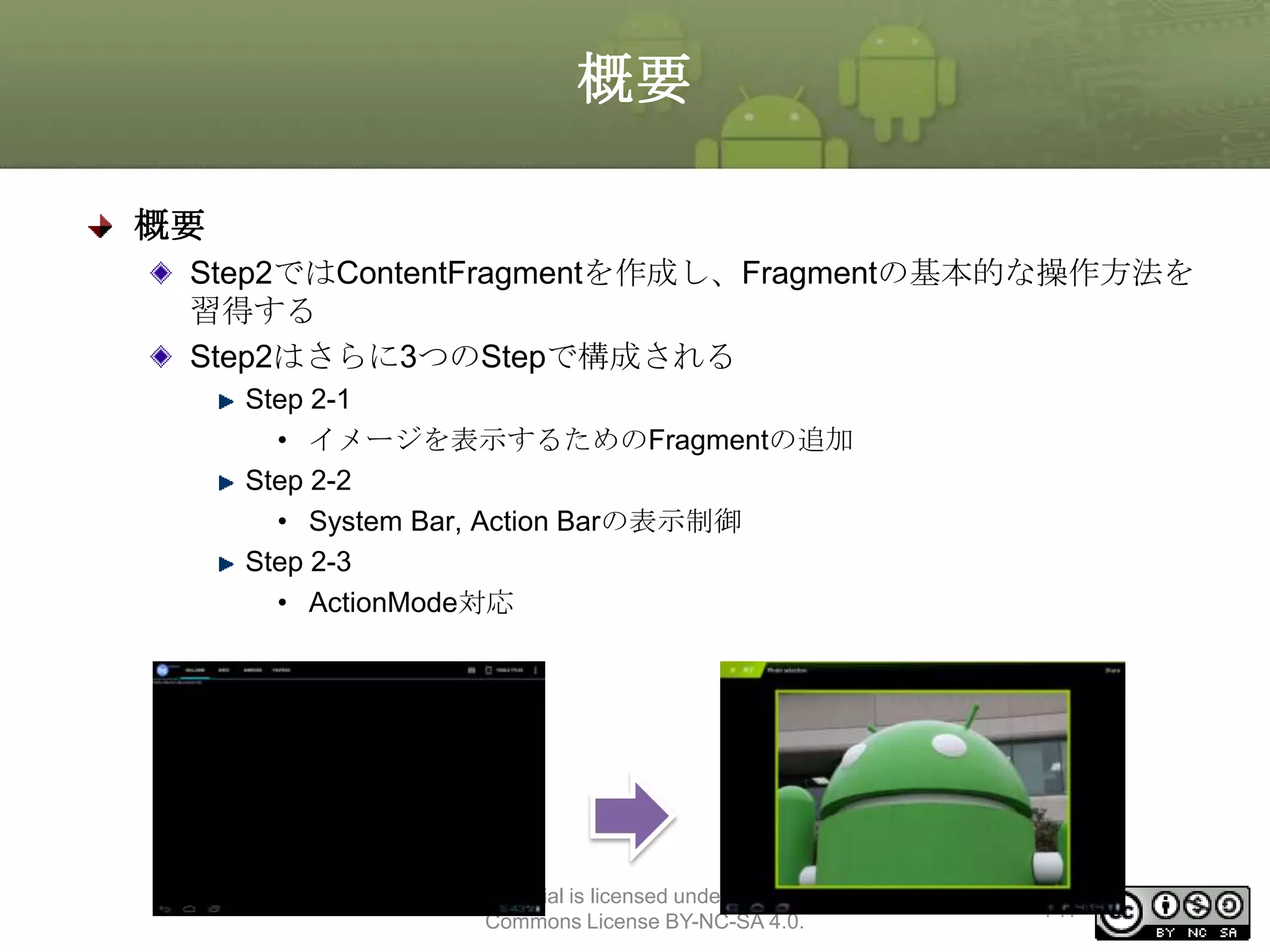 概要
概要
Step2ではContentFragmentを作成し、Fragmentの基本的な操作方法を
習得する
Step2はさらに3つのStepで構成される
Step 2-1
• イメージを表示するためのFragmentの追加
Step 2-2
• System Bar, Action Barの表示制御
Step 2-3
• ActionMode対応

This material is licensed under the Creative
Commons License BY-NC-SA 4.0.

147

 