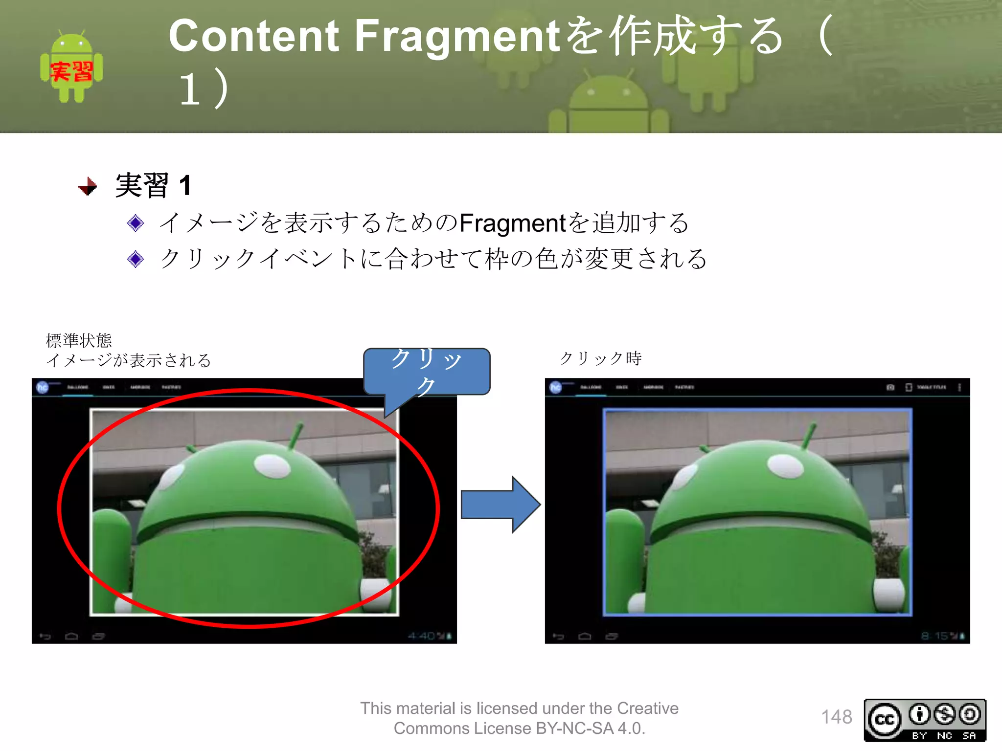 Content Fragmentを作成する（
１）
実習 1
イメージを表示するためのFragmentを追加する
クリックイベントに合わせて枠の色が変更される
標準状態
イメージが表示される

クリッ
ク

クリック時

This material is licensed under the Creative
Commons License BY-NC-SA 4.0.

148

 